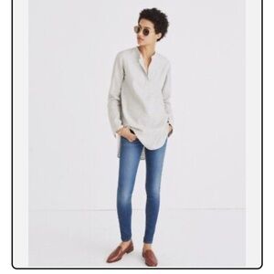 Madewell Womens Tunic‎ Top Striped Long Sleeve Button Neck Casual